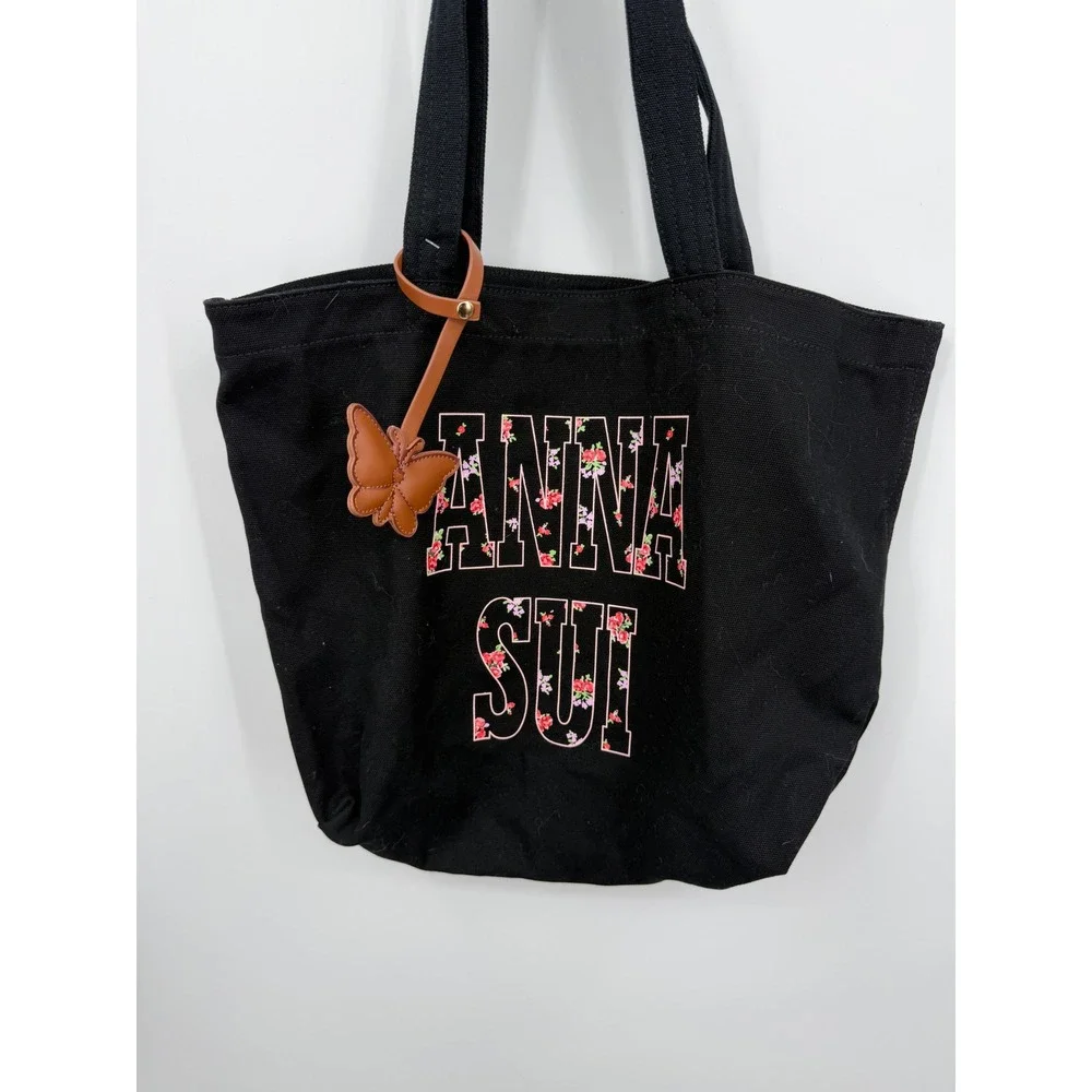 Old Navy‎ Anna Sui Canvas Tote Bag Women OS Black Floral Logo Butterfly Charm